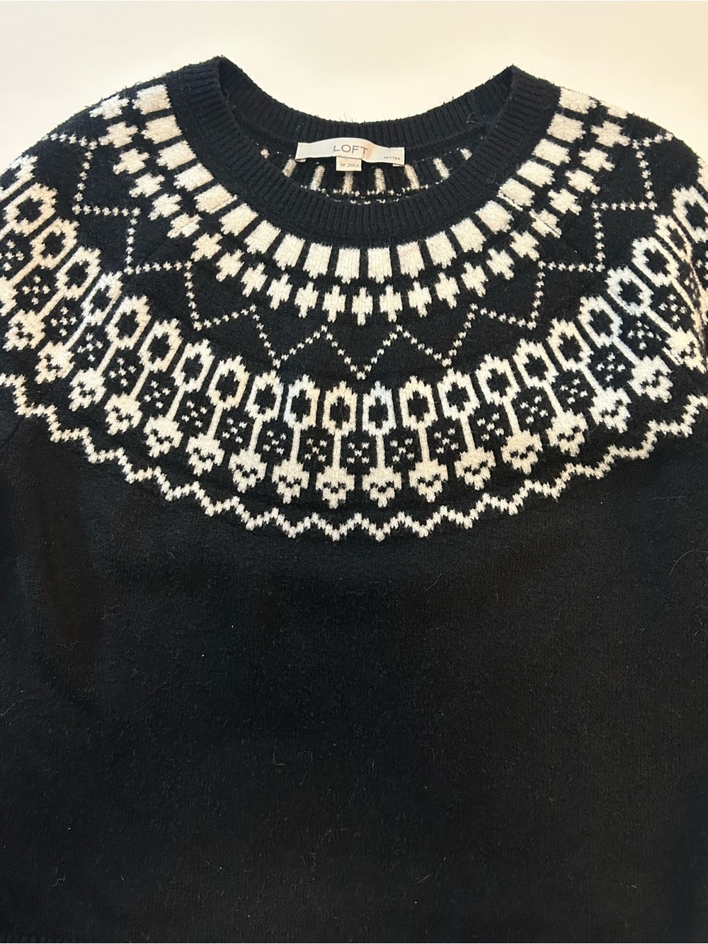 LOFT Black & White Fair Isle Crewneck Ski Sweater Gorpcore SZ S/P EUC Clean Girl - Picture 3 of 11